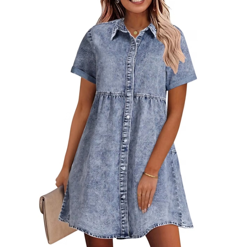 Unbranded Acid Wash Denim Babydoll Shirt Dress Women's L Cottagecore Western